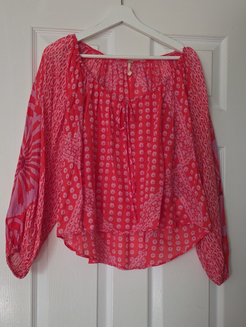 Free People Coral Pink Printed Boho Peasant Blouse